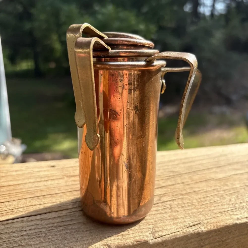 4 Vtg Copper Brass Handle Tall Stacking Measuring Liquid Cups Rustic Farmhouse